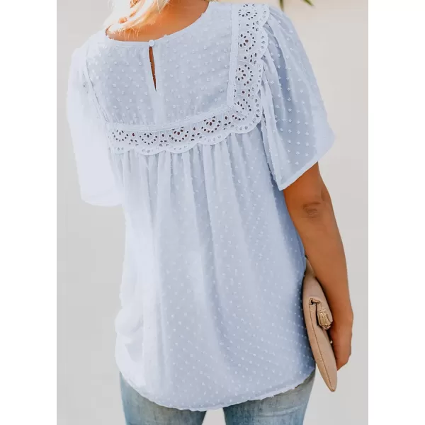 Dokotoo Womens Crewneck Lace Crochet Pom Pom Flowy Short Sleeve Casual Shirts Blouses Tops