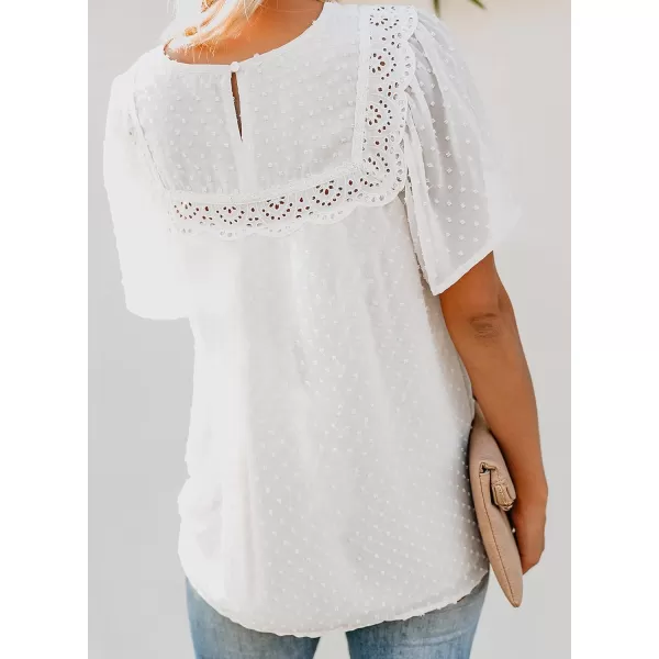 Dokotoo Womens Crewneck Lace Crochet Pom Pom Flowy Short Sleeve Casual Shirts Blouses Tops