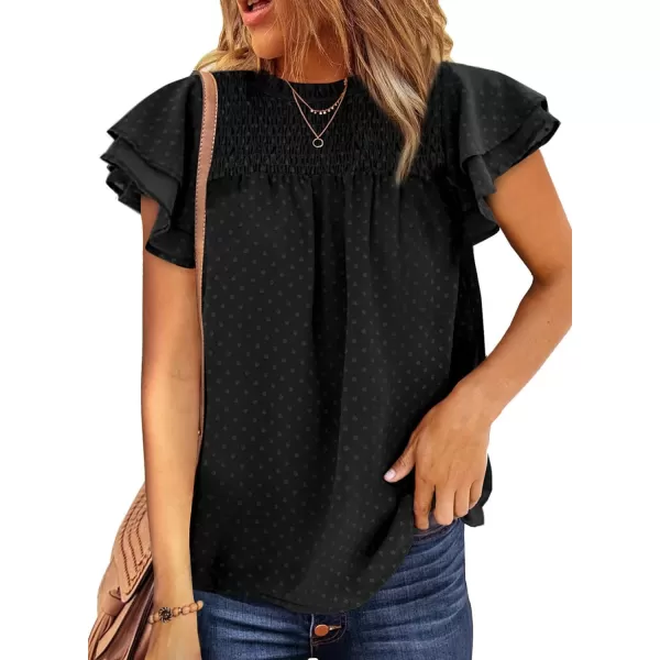 Dokotoo Womens Crewneck Lace Crochet Pom Pom Flowy Short Sleeve Casual Shirts Blouses Tops