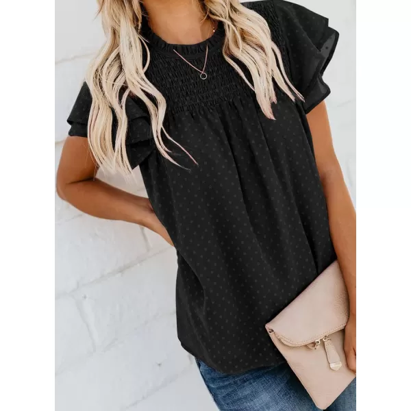 Dokotoo Womens Crewneck Lace Crochet Pom Pom Flowy Short Sleeve Casual Shirts Blouses Tops