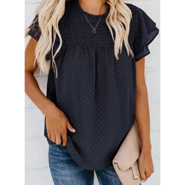 Dokotoo Womens Crewneck Lace Crochet Pom Pom Flowy Short Sleeve Casual Shirts Blouses Tops