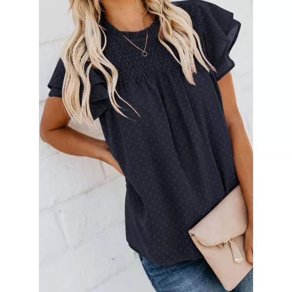 Dokotoo Womens Crewneck Lace Crochet Pom Pom Flowy Short Sleeve Casual Shirts Blouses Tops