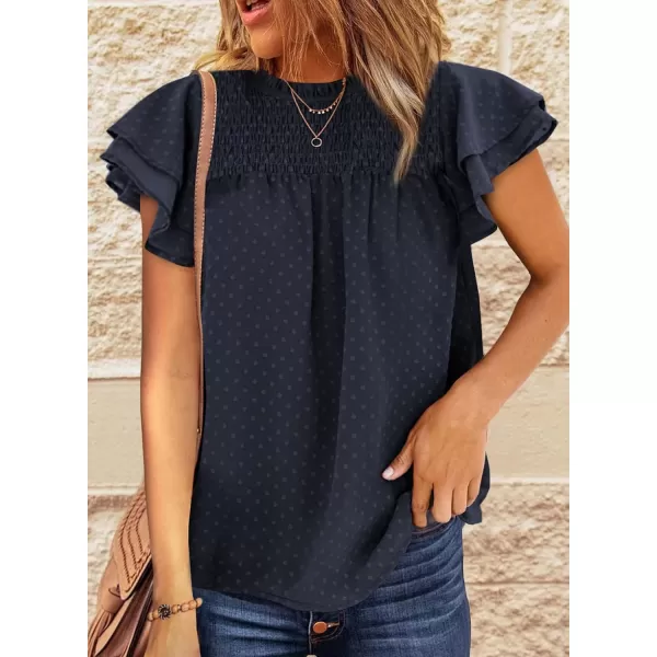 Dokotoo Womens Crewneck Lace Crochet Pom Pom Flowy Short Sleeve Casual Shirts Blouses Tops
