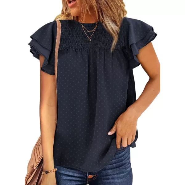 Dokotoo Womens Crewneck Lace Crochet Pom Pom Flowy Short Sleeve Casual Shirts Blouses Tops
