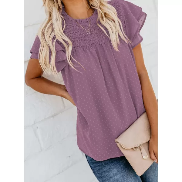 Dokotoo Womens Crewneck Lace Crochet Pom Pom Flowy Short Sleeve Casual Shirts Blouses Tops