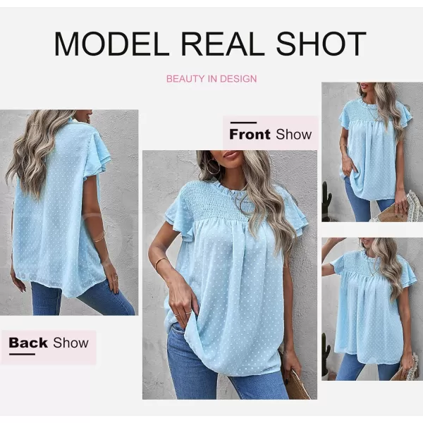 Dokotoo Womens Crewneck Lace Crochet Pom Pom Flowy Short Sleeve Casual Shirts Blouses Tops