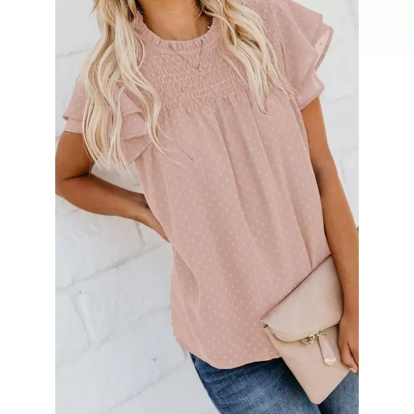 Dokotoo Womens Crewneck Lace Crochet Pom Pom Flowy Short Sleeve Casual Shirts Blouses Tops
