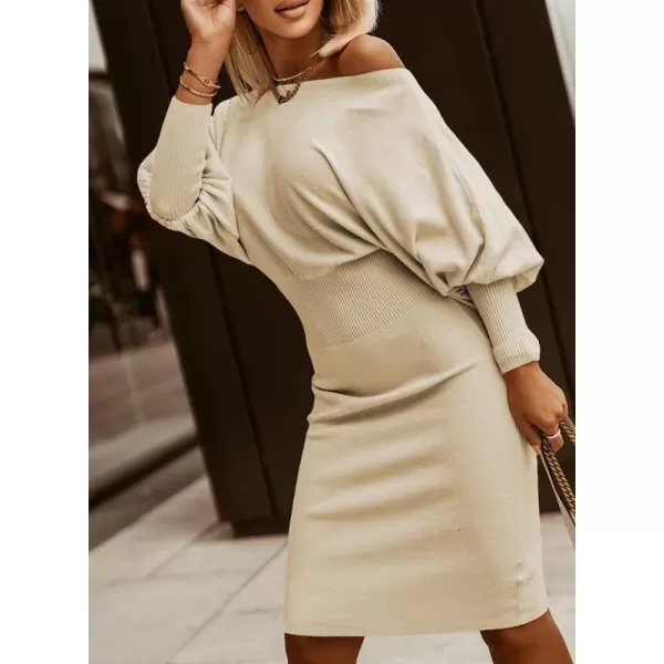 Dokotoo Women's Elegant Off Shoulder Long Lantern Sleeve Sweater Dress Elastic Waist Bodycon Mini Dresses