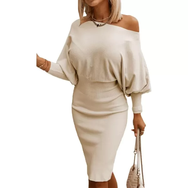 Dokotoo Women's Elegant Off Shoulder Long Lantern Sleeve Sweater Dress Elastic Waist Bodycon Mini Dresses