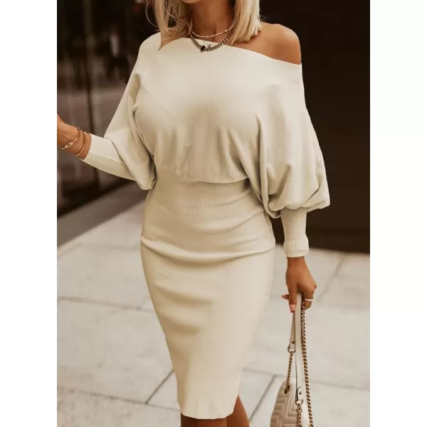 Dokotoo Women's Elegant Off Shoulder Long Lantern Sleeve Sweater Dress Elastic Waist Bodycon Mini Dresses
