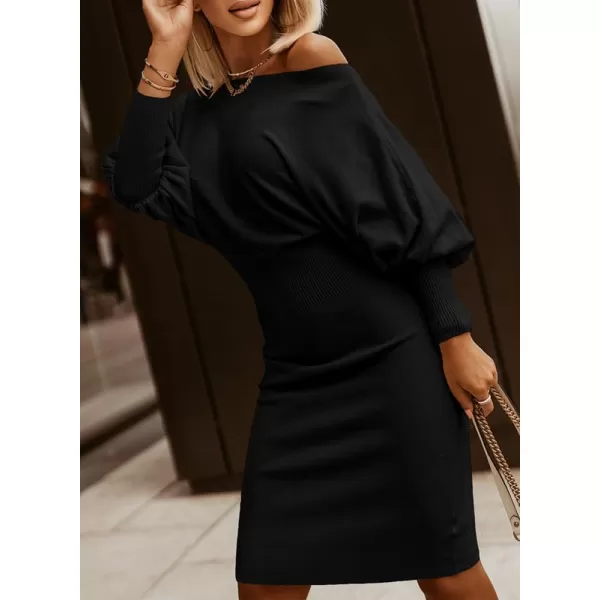 Dokotoo Women's Elegant Off Shoulder Long Lantern Sleeve Sweater Dress Elastic Waist Bodycon Mini Dresses