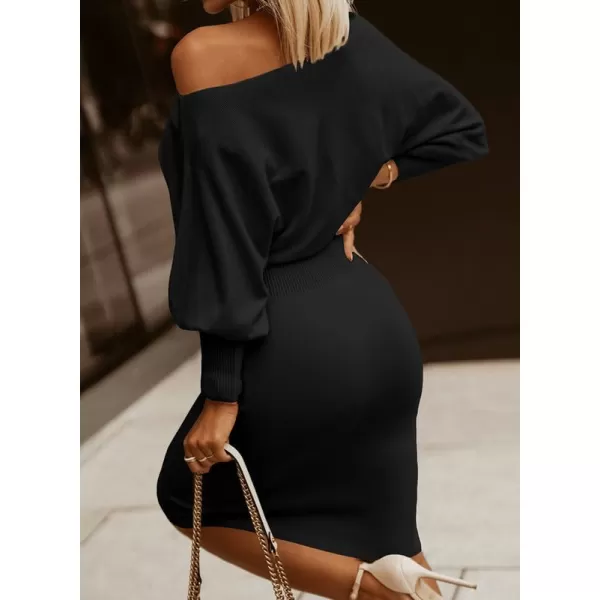 Dokotoo Women's Elegant Off Shoulder Long Lantern Sleeve Sweater Dress Elastic Waist Bodycon Mini Dresses