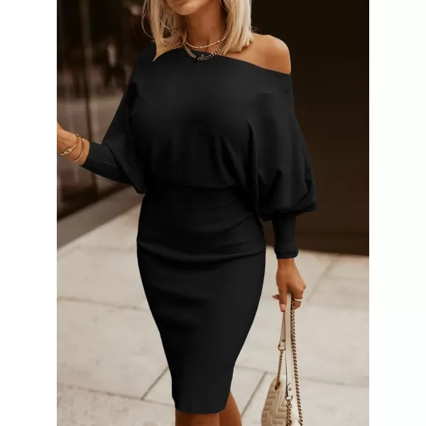 Dokotoo Women's Elegant Off Shoulder Long Lantern Sleeve Sweater Dress Elastic Waist Bodycon Mini Dresses