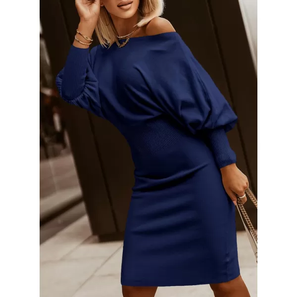 Dokotoo Women's Elegant Off Shoulder Long Lantern Sleeve Sweater Dress Elastic Waist Bodycon Mini Dresses