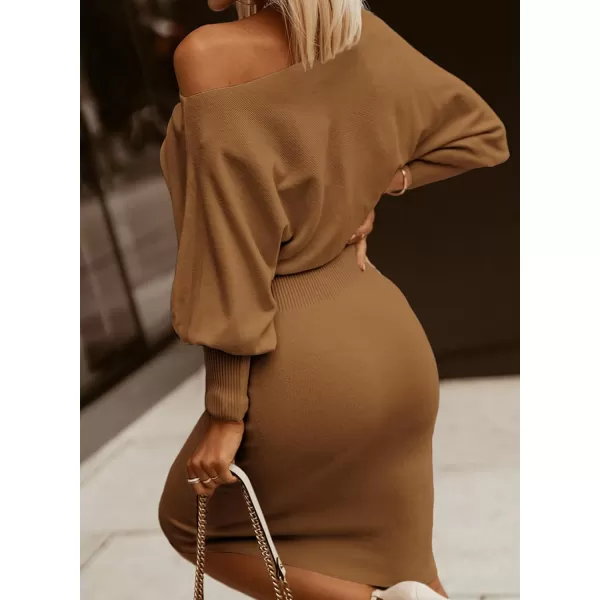 Dokotoo Women's Elegant Off Shoulder Long Lantern Sleeve Sweater Dress Elastic Waist Bodycon Mini Dresses