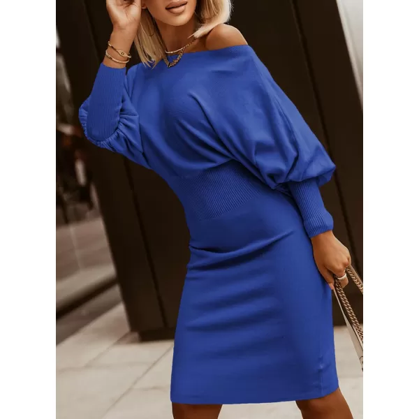 Dokotoo Women's Elegant Off Shoulder Long Lantern Sleeve Sweater Dress Elastic Waist Bodycon Mini Dresses