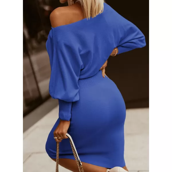 Dokotoo Women's Elegant Off Shoulder Long Lantern Sleeve Sweater Dress Elastic Waist Bodycon Mini Dresses