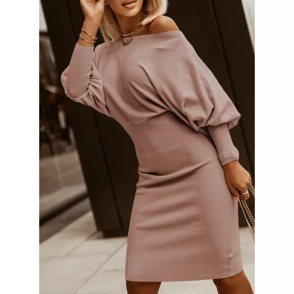 Dokotoo Women's Elegant Off Shoulder Long Lantern Sleeve Sweater Dress Elastic Waist Bodycon Mini Dresses