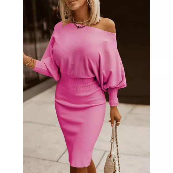 Dokotoo Women's Elegant Off Shoulder Long Lantern Sleeve Sweater Dress Elastic Waist Bodycon Mini Dresses