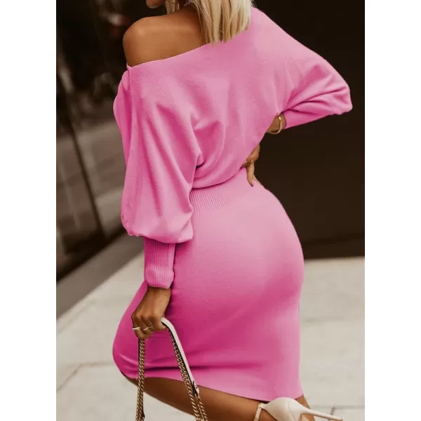 Dokotoo Women's Elegant Off Shoulder Long Lantern Sleeve Sweater Dress Elastic Waist Bodycon Mini Dresses
