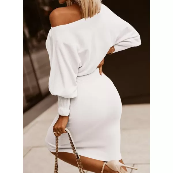 Dokotoo Women's Elegant Off Shoulder Long Lantern Sleeve Sweater Dress Elastic Waist Bodycon Mini Dresses