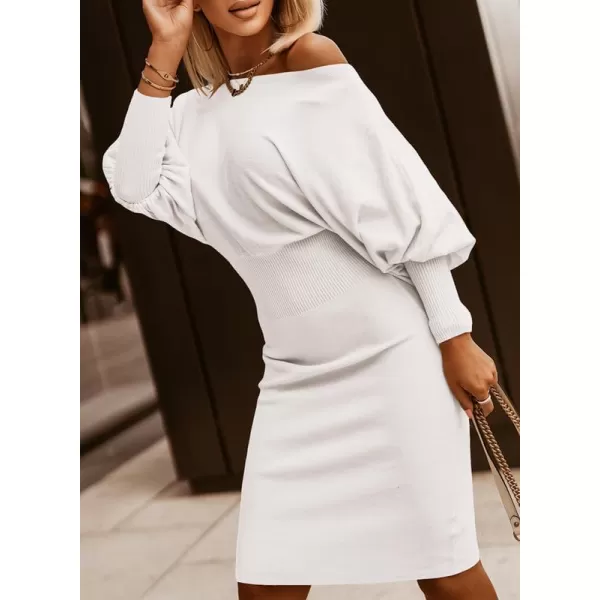 Dokotoo Women's Elegant Off Shoulder Long Lantern Sleeve Sweater Dress Elastic Waist Bodycon Mini Dresses