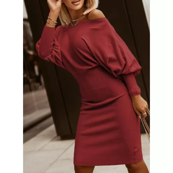 Dokotoo Women's Elegant Off Shoulder Long Lantern Sleeve Sweater Dress Elastic Waist Bodycon Mini Dresses