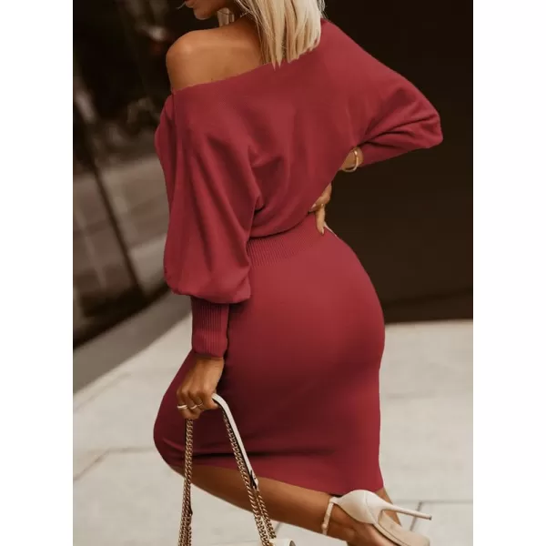 Dokotoo Women's Elegant Off Shoulder Long Lantern Sleeve Sweater Dress Elastic Waist Bodycon Mini Dresses