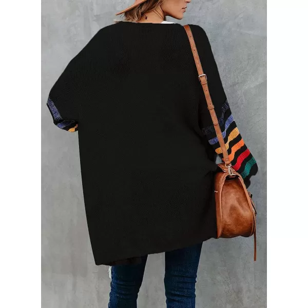 Dokotoo Women's Long Open Front Cardigans Striped Color Block Loose Knit Sweaters Outwear Coat