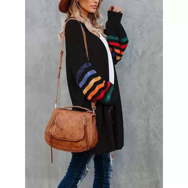 Dokotoo Women's Long Open Front Cardigans Striped Color Block Loose Knit Sweaters Outwear Coat