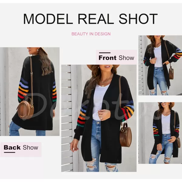 Dokotoo Women's Long Open Front Cardigans Striped Color Block Loose Knit Sweaters Outwear Coat
