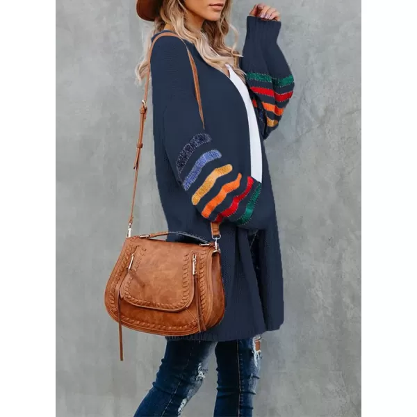 Dokotoo Women's Long Open Front Cardigans Striped Color Block Loose Knit Sweaters Outwear Coat