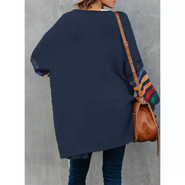 Dokotoo Women's Long Open Front Cardigans Striped Color Block Loose Knit Sweaters Outwear Coat