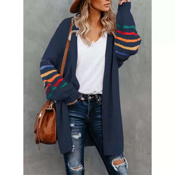 Dokotoo Women's Long Open Front Cardigans Striped Color Block Loose Knit Sweaters Outwear Coat