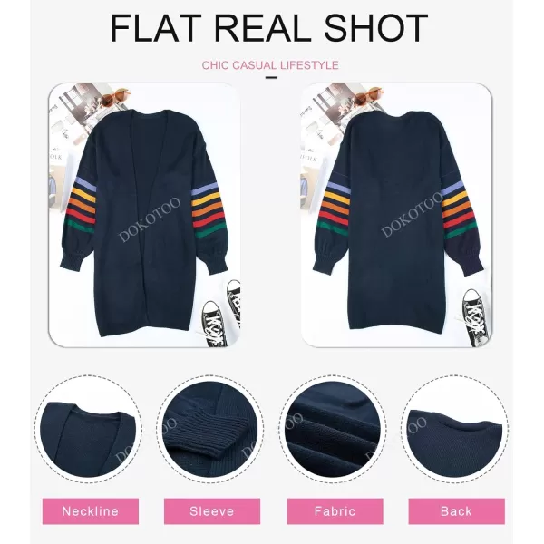 Dokotoo Women's Long Open Front Cardigans Striped Color Block Loose Knit Sweaters Outwear Coat