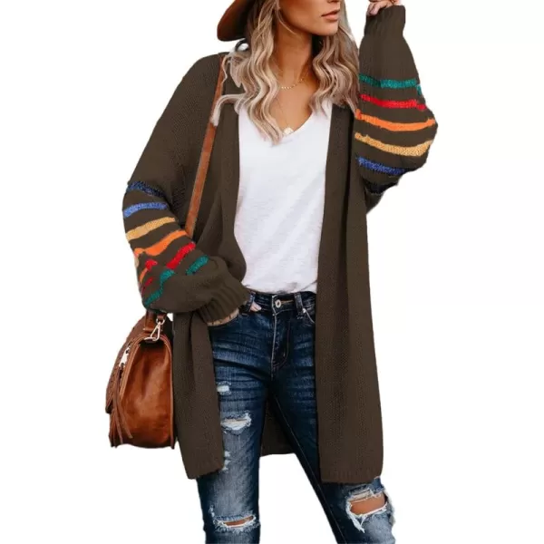 Dokotoo Women's Long Open Front Cardigans Striped Color Block Loose Knit Sweaters Outwear Coat