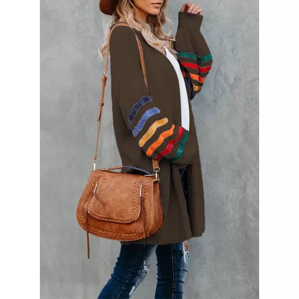 Dokotoo Women's Long Open Front Cardigans Striped Color Block Loose Knit Sweaters Outwear Coat