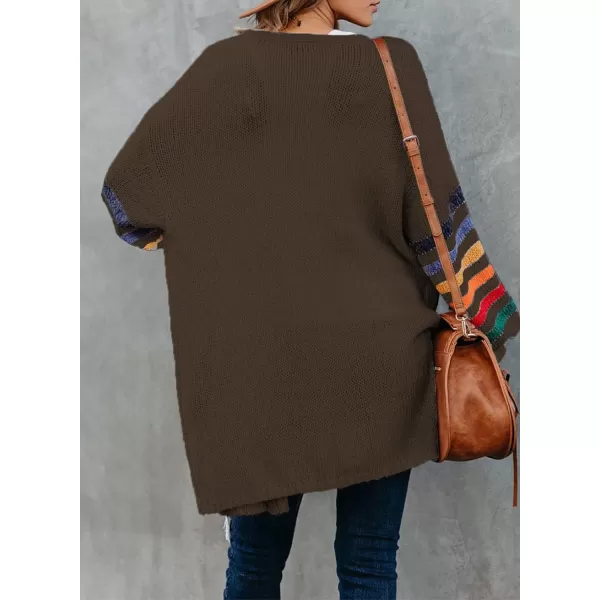Dokotoo Women's Long Open Front Cardigans Striped Color Block Loose Knit Sweaters Outwear Coat