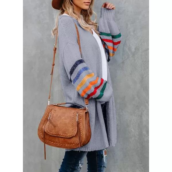 Dokotoo Women's Long Open Front Cardigans Striped Color Block Loose Knit Sweaters Outwear Coat