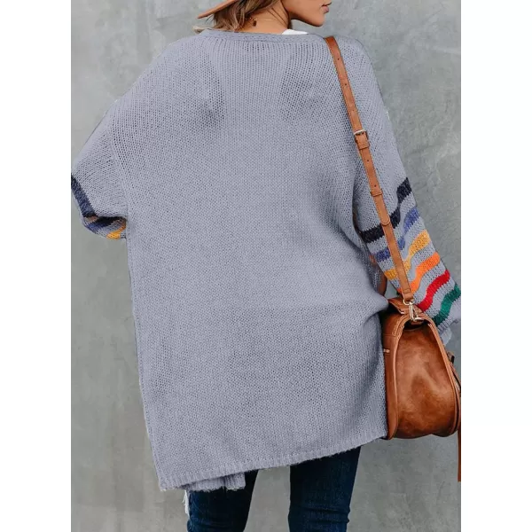 Dokotoo Women's Long Open Front Cardigans Striped Color Block Loose Knit Sweaters Outwear Coat