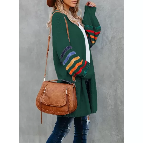 Dokotoo Women's Long Open Front Cardigans Striped Color Block Loose Knit Sweaters Outwear Coat