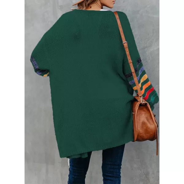 Dokotoo Women's Long Open Front Cardigans Striped Color Block Loose Knit Sweaters Outwear Coat
