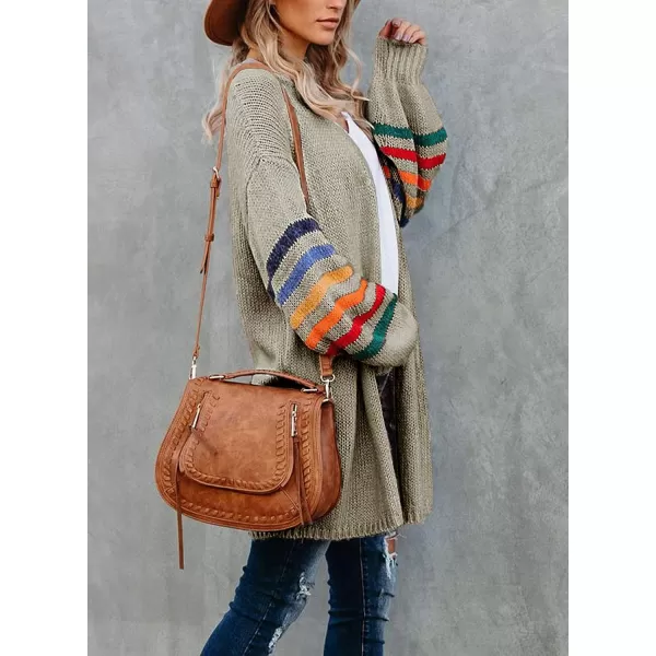 Dokotoo Women's Long Open Front Cardigans Striped Color Block Loose Knit Sweaters Outwear Coat