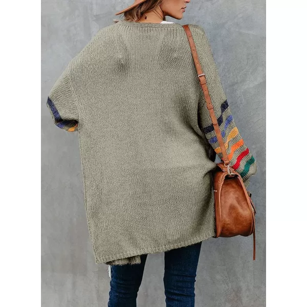 Dokotoo Women's Long Open Front Cardigans Striped Color Block Loose Knit Sweaters Outwear Coat