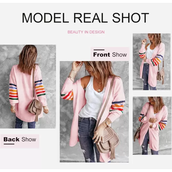 Dokotoo Women's Long Open Front Cardigans Striped Color Block Loose Knit Sweaters Outwear Coat
