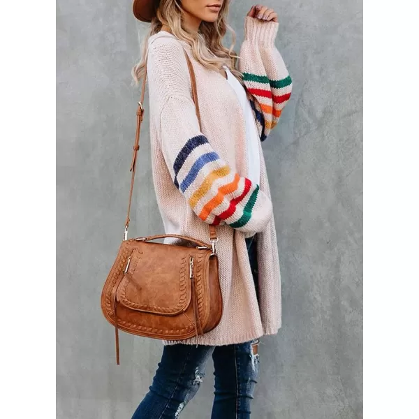 Dokotoo Women's Long Open Front Cardigans Striped Color Block Loose Knit Sweaters Outwear Coat