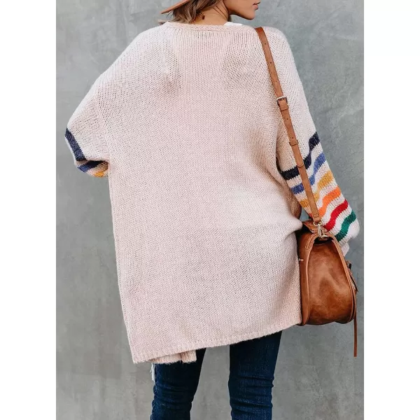 Dokotoo Women's Long Open Front Cardigans Striped Color Block Loose Knit Sweaters Outwear Coat