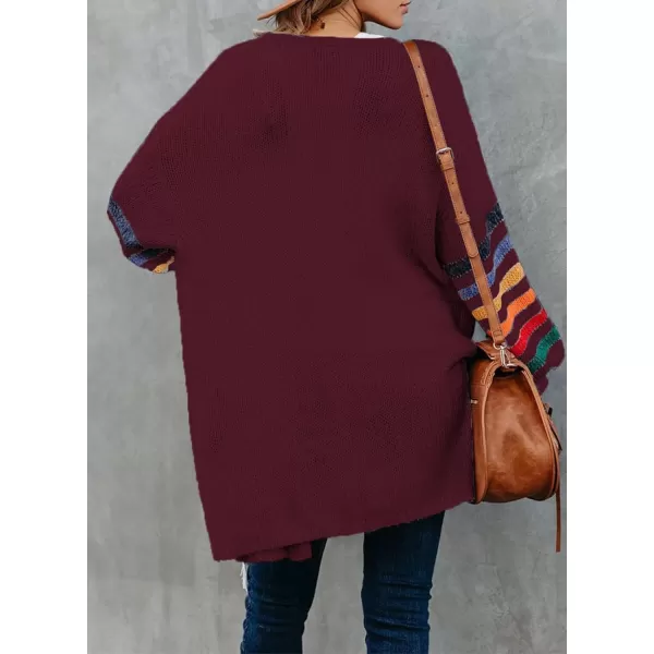 Dokotoo Women's Long Open Front Cardigans Striped Color Block Loose Knit Sweaters Outwear Coat