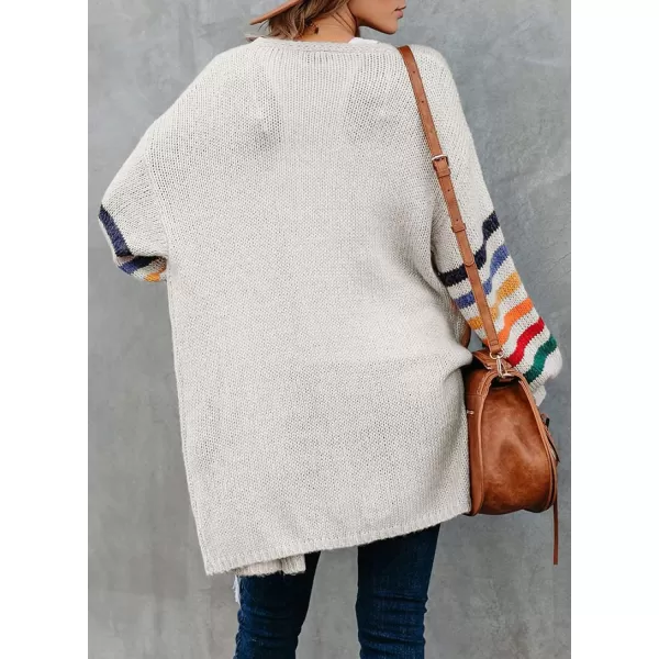 Dokotoo Women's Long Open Front Cardigans Striped Color Block Loose Knit Sweaters Outwear Coat