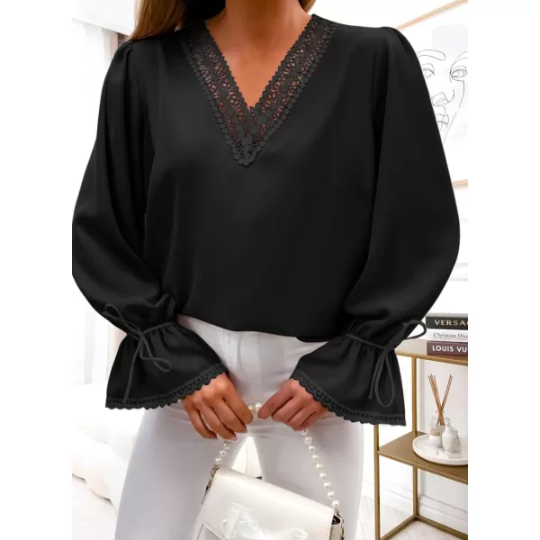 Dokotoo Womens Long Sleeve Tops Lace Trim V Neck Fashion Tunic Tops Flowy Casual Shirts Chiffon Blouses 2023 Fall Clothes
